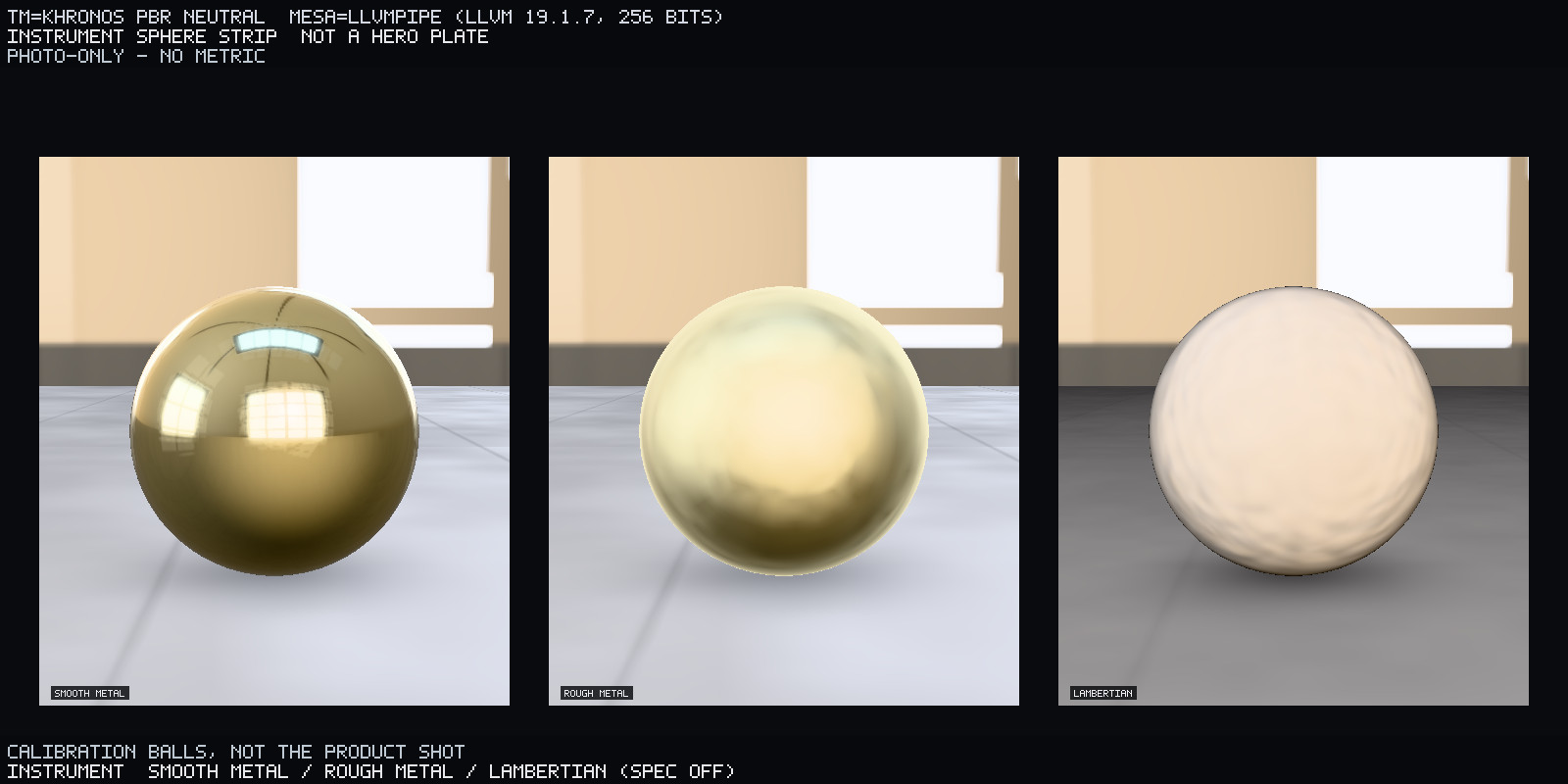 Calibration balls: smooth metal / rough metal / Lambertian with spec off. Not the product shot.