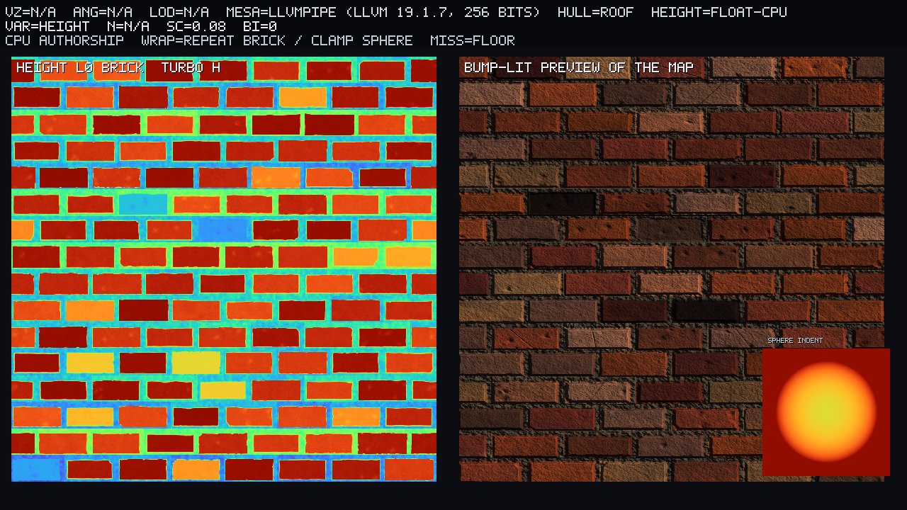 CPU brick L0 we own: turbo height + bump-lit preview; sphere indent inset. Authorship, not the theorem.