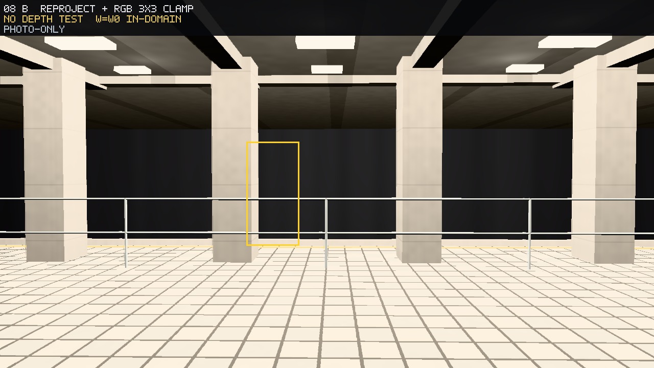 Loud failure, clamp path. Same current frame as A and C. Honest VP warp, in-domain ⇒ w=w0, then RGB 3×3 minmax of current St. No depth test. A history texel from the pillar body can sit inside that color box after the truck reveals floor or void. Photograph only.