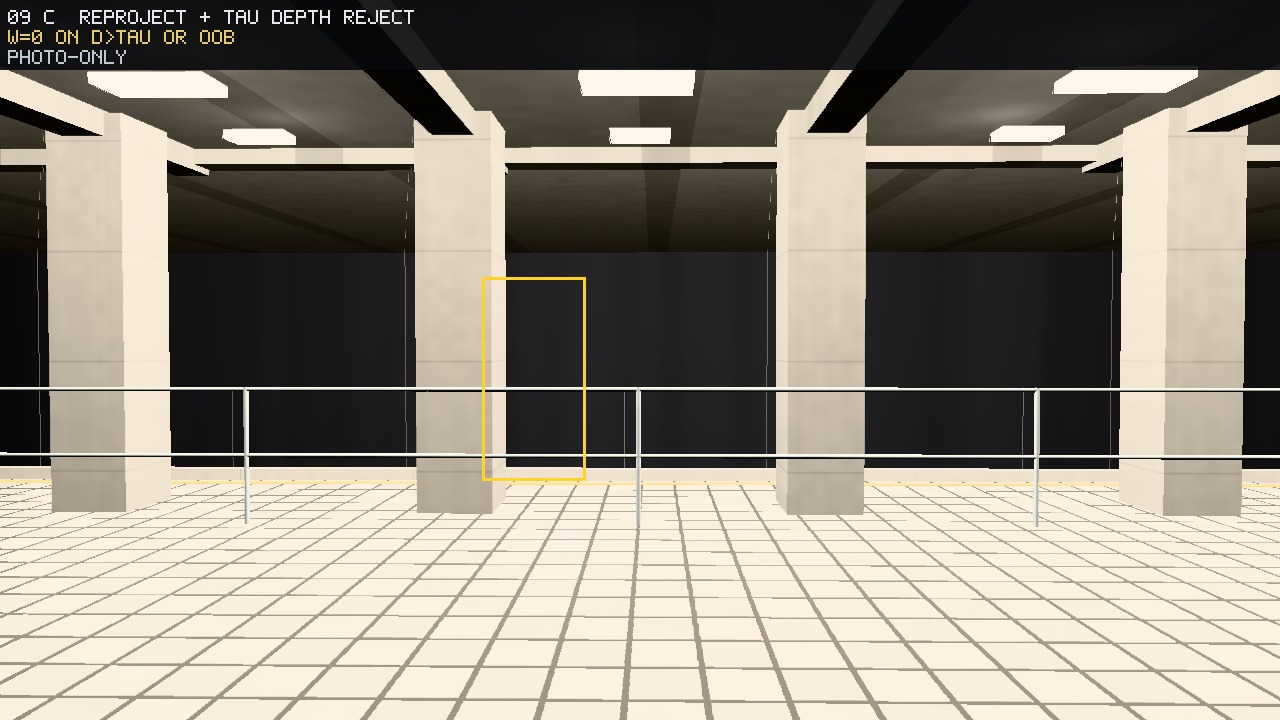Depth-reject path. Same warp as B. w=0 on d>τ or OOB; current shading stands alone on a rejected pixel. Photograph only.