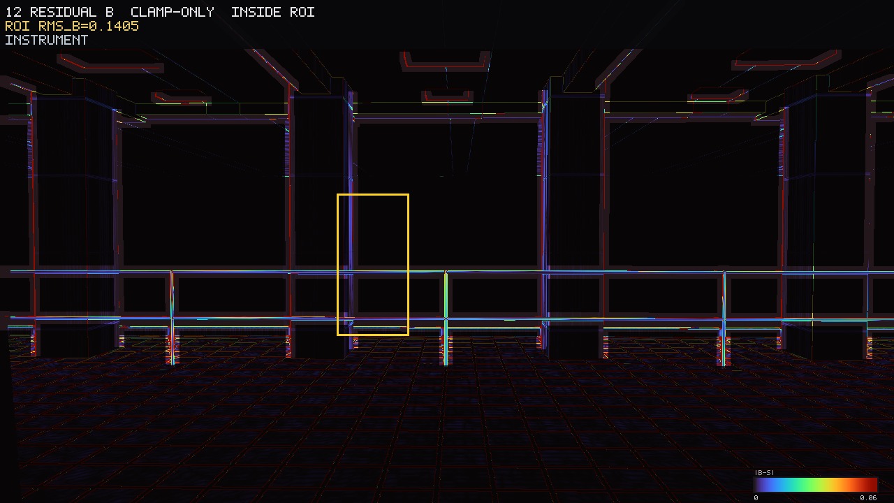 Instrument. |C−St| residual heat, clamp-only path. HUD quotes ROI RMS 0.1405. The number is the float buffer, not the JPEG.