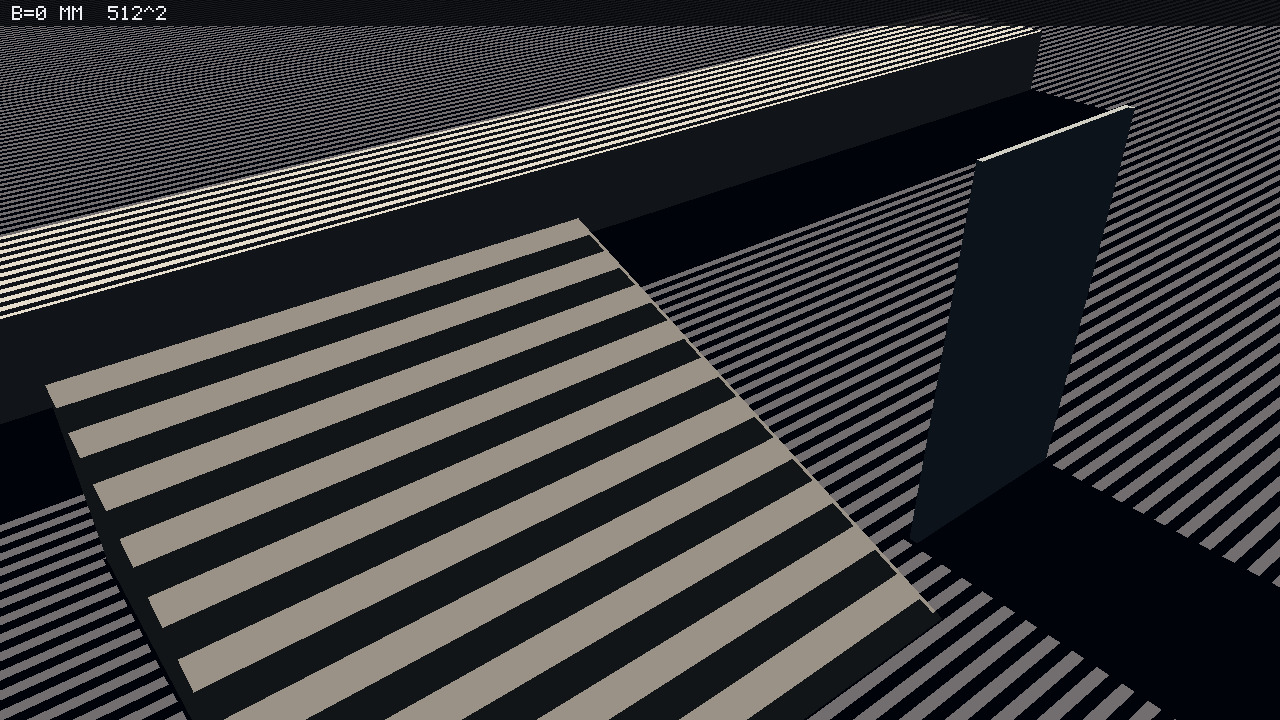 Acne end. Same camera and the same shadow map, bias 0. Ramp and apron self-shadow as stripes: analytically lit receivers classified as shadowed. Ramp acne 0.509434, apron acne 0.482759, contact gap 0. HUD reads B=0 MM and 512^2. Khronos PBR Neutral. Photograph only.