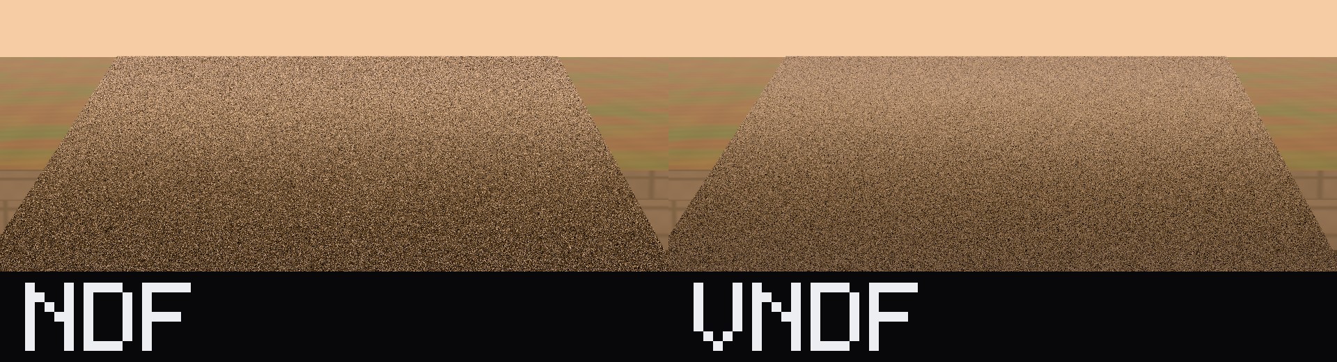 Far end of the sluice leaf at 32 samples per pixel, same seed. Left: sampling the distribution of normals. Right: sampling visible normals.