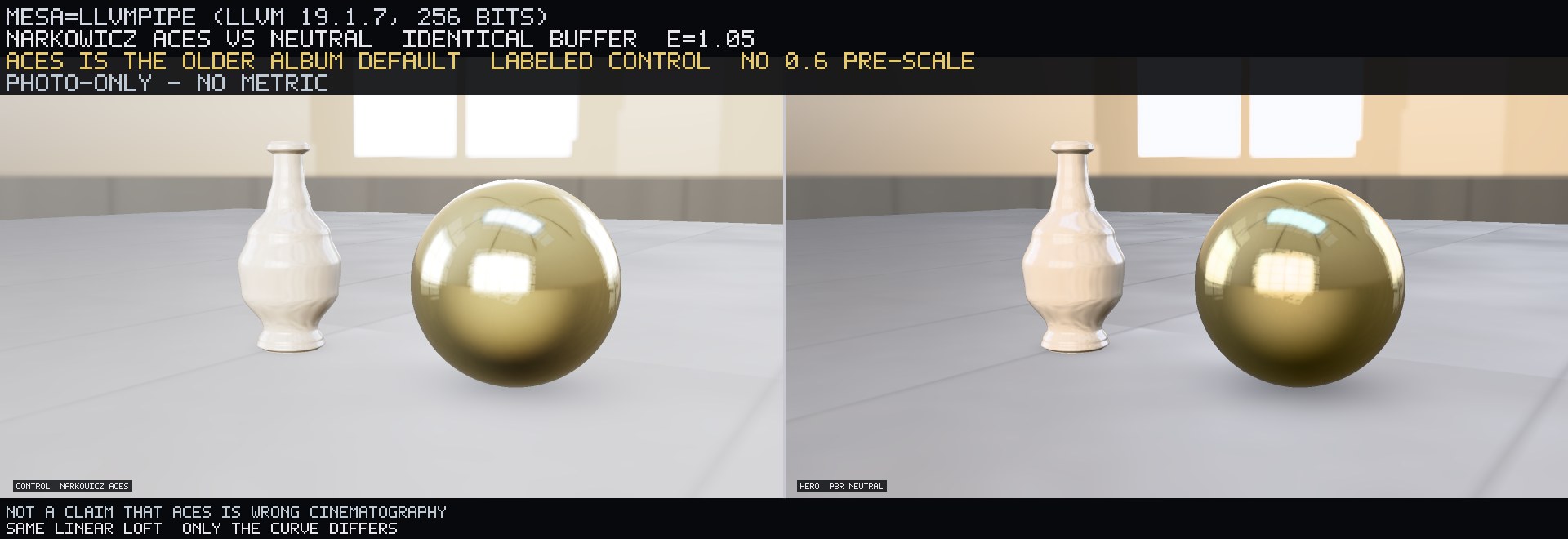 Same buffer, same e. Left: Narkowicz ACES. Right: Neutral. Older album default, labeled control, no 0.6 pre-scale. Not a claim that ACES is wrong cinematography. Photograph only.