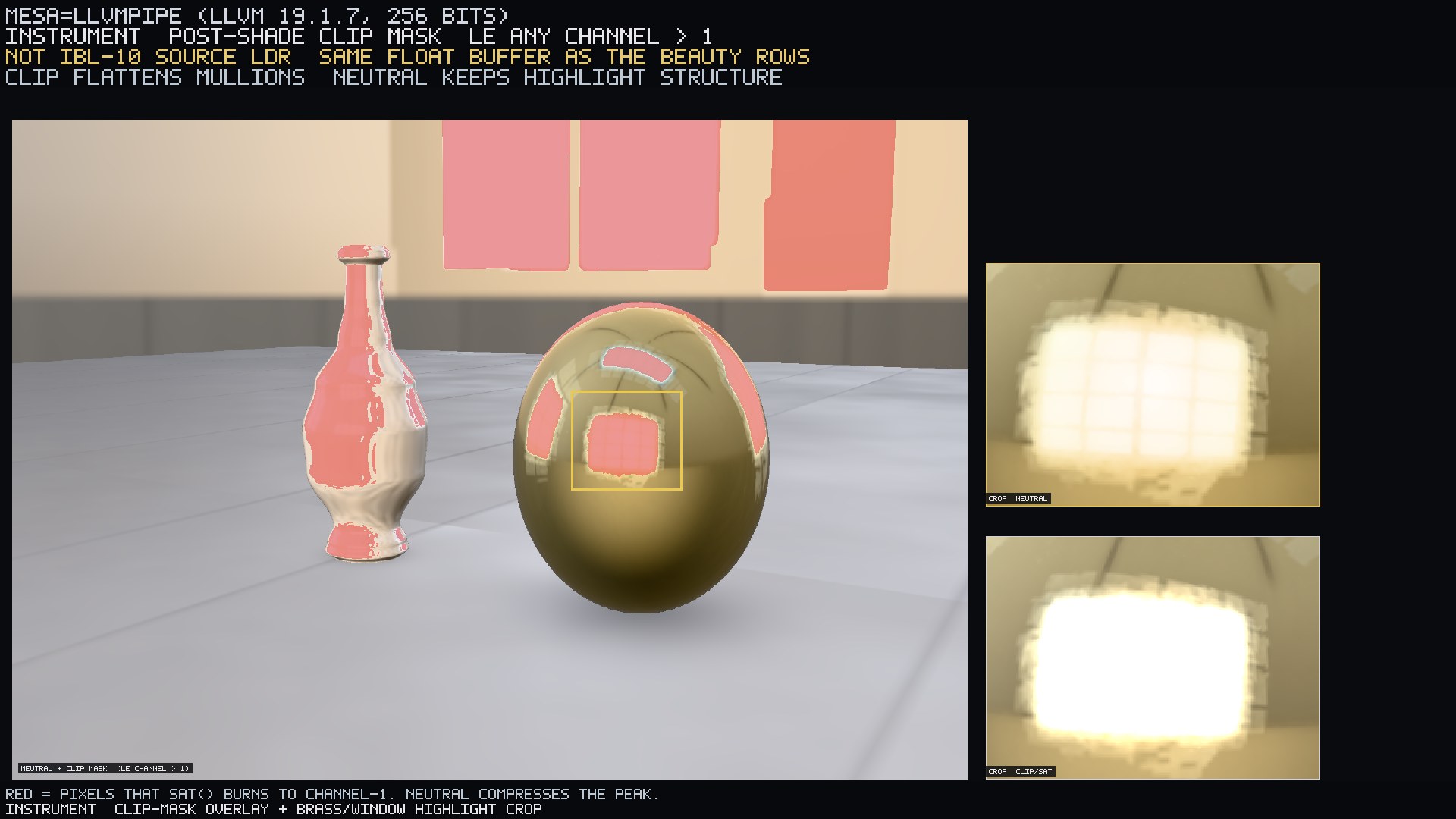 Instrument: Neutral photograph plus red overlay where any Le channel >1, plus a brass/window crop. Clip flattens the mullions; Neutral keeps highlight structure. Red is the pixels sat() burns to channel-1.