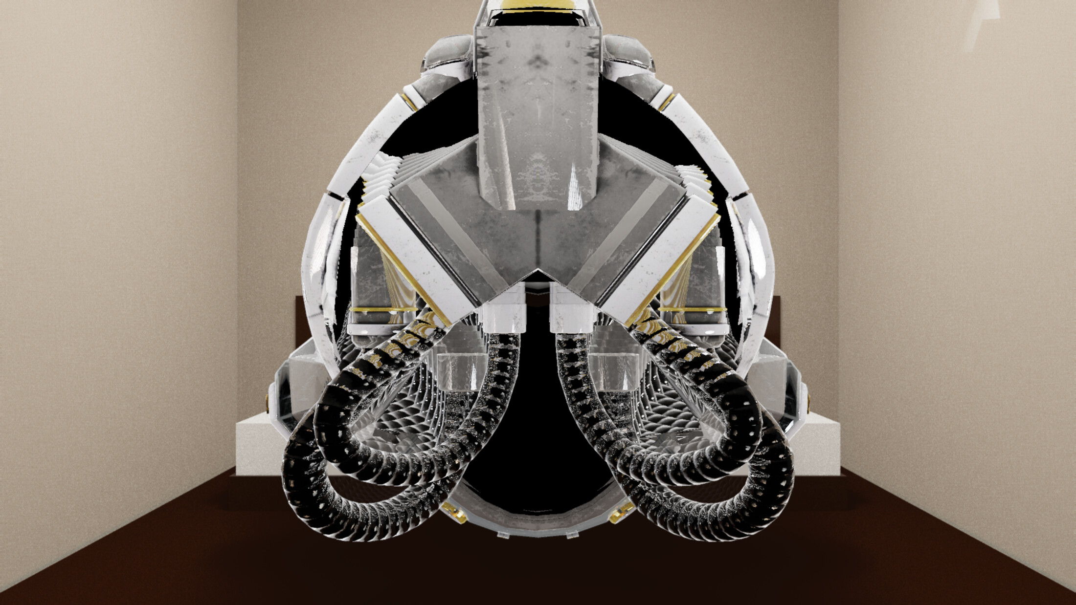 Damaged Helmet PBR render — close-up with rich metal, glass, and cable detail