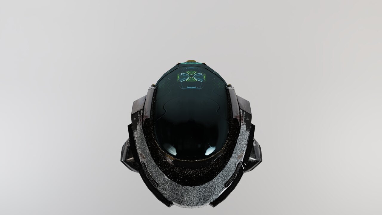 Path-traced helmet at 16 spp before denoising — visible noise across glossy materials