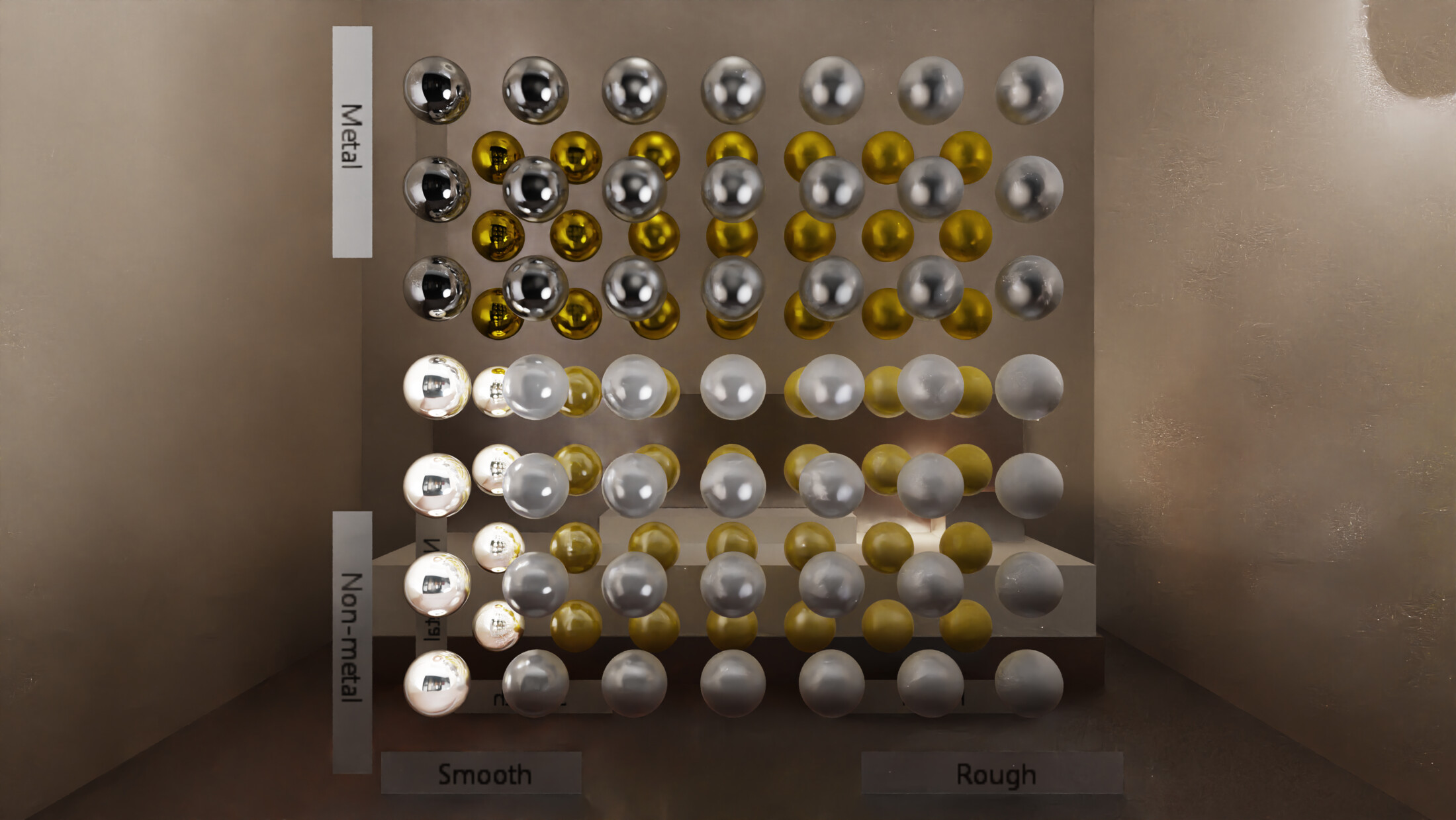 MetalRoughSpheres BRDF calibration scene — rough to smooth, metal to non-metal gradient