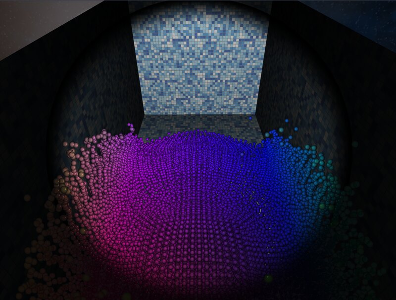 SPH particle fluid simulation with velocity-coded color visualization, confined in a tiled pool