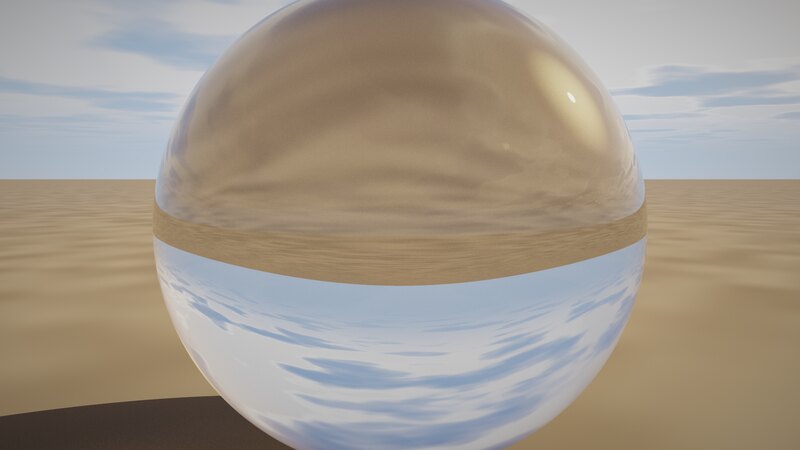 sx-engine hero render: ray-traced glass sphere over desert with cloud-reflecting environment