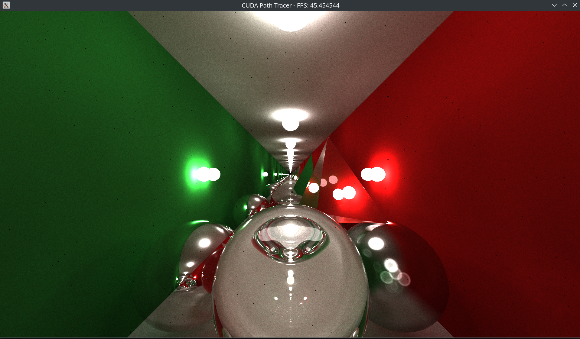 Cornell-box-style path-traced render with diffuse, glossy and refractive interactions converged