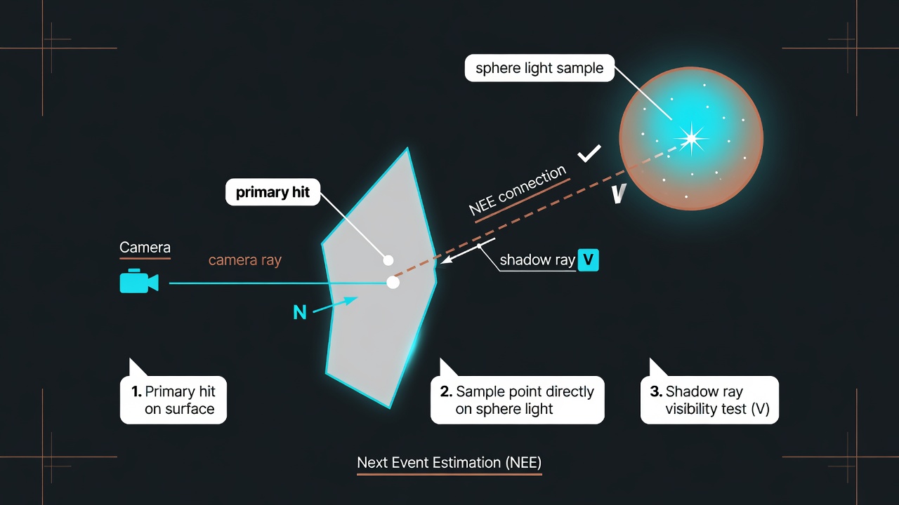 Conceptual diagram of NEE connecting hit to sphere light